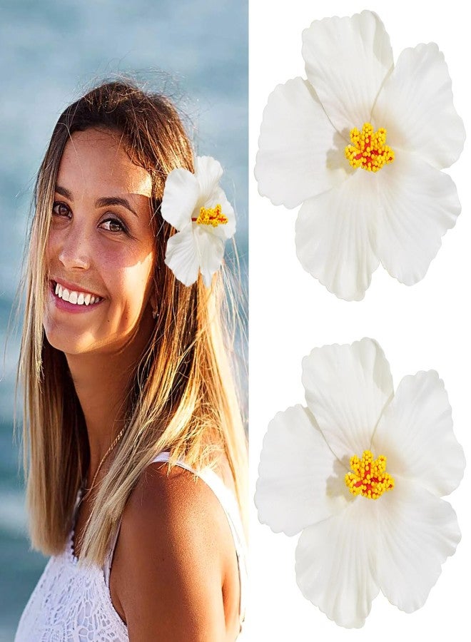 Jeffan 2 PCS Hawaiian Flowers Hair Clips, Hibiscus Flowers Hair Clip Beach Party Bohemian Flower Hair Accessories for Women Girls Dancer Bride Wedding Beach Party (White) - Image 1